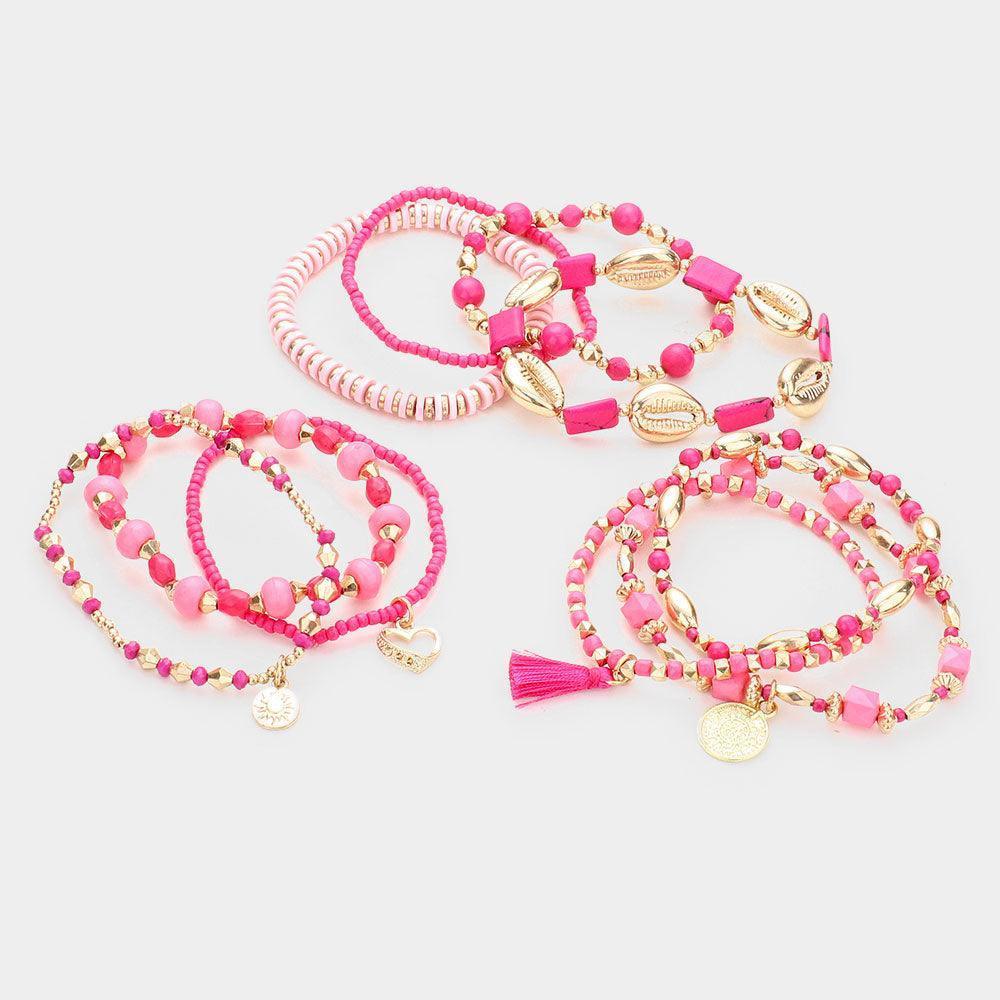 Red 10PCS - Multi Bead Metal Puka Shell Heart Coin Disc Tassel Charm Layered Bracelets - Jewelry Store by Erik Rayo