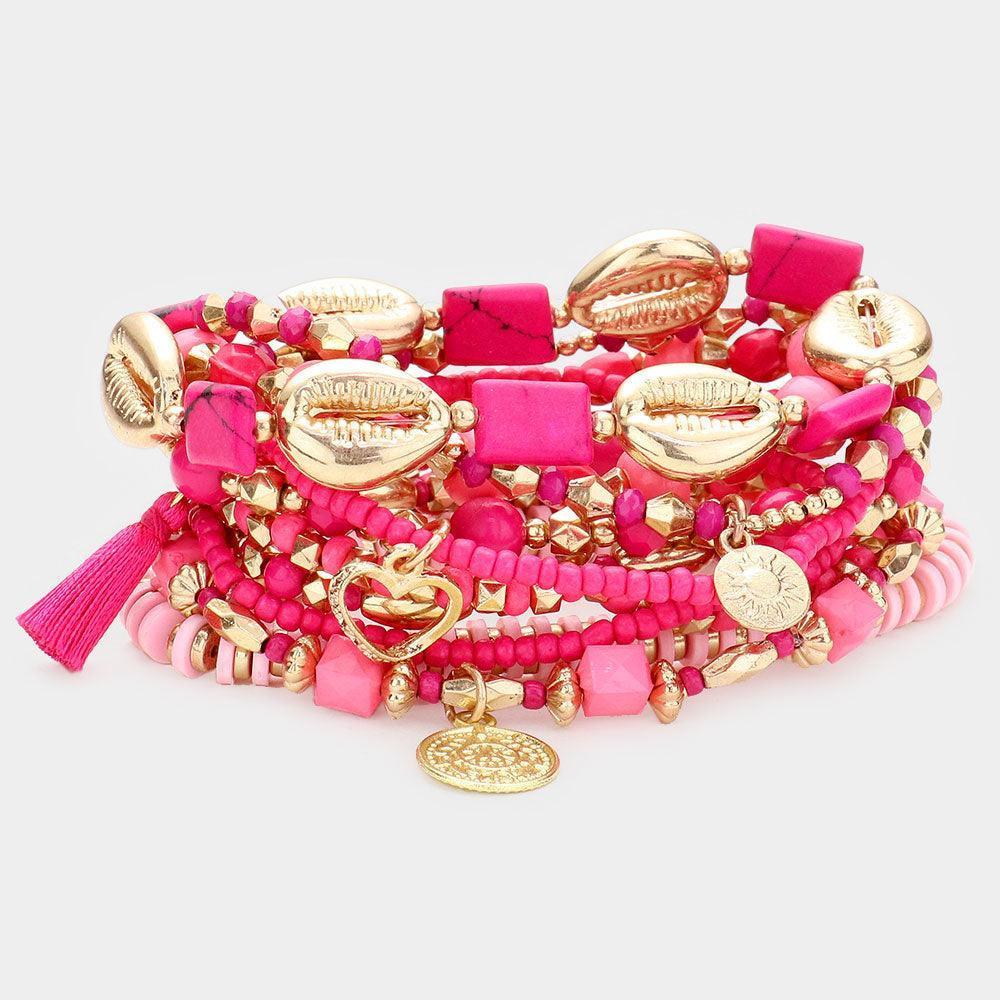 Red 10PCS - Multi Bead Metal Puka Shell Heart Coin Disc Tassel Charm Layered Bracelets - Jewelry Store by Erik Rayo