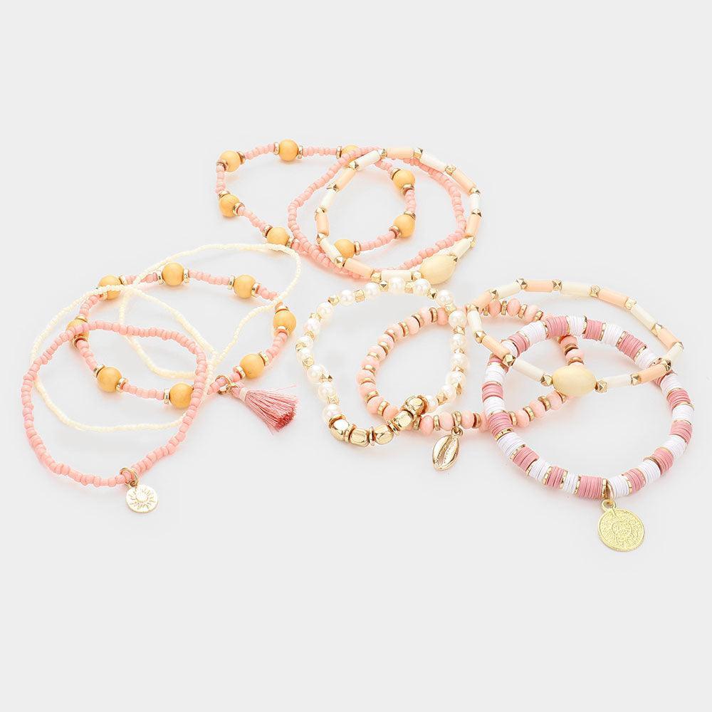 Pink 11PCS - Multi Bead Metal Puka Shell Coin Disc Tassel Charm Layered Bracelets - Jewelry Store by Erik Rayo