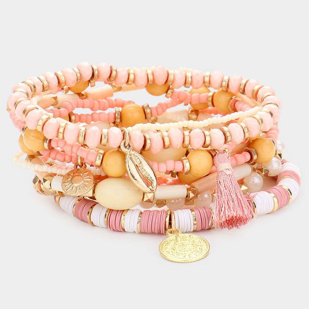 Pink 11PCS - Multi Bead Metal Puka Shell Coin Disc Tassel Charm Layered Bracelets - Jewelry Store by Erik Rayo