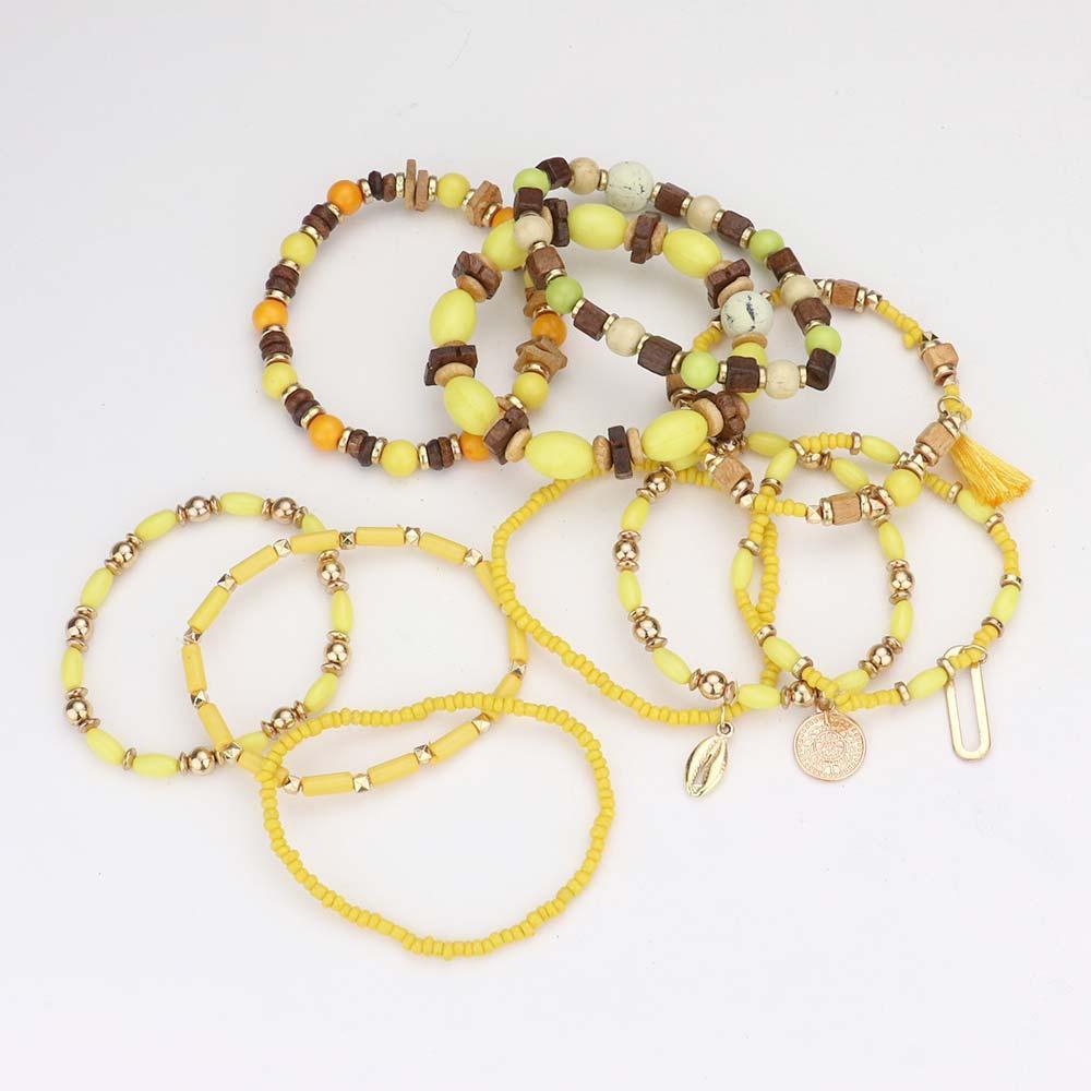 Yellow 10PCS Puka Shell Coin Tassel Charm Wood Multi Beaded Stretch Bracelets - Jewelry Store by Erik Rayo