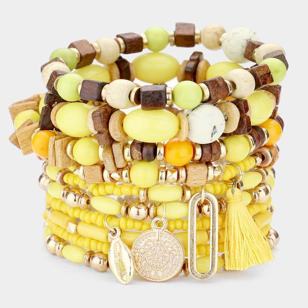 Yellow 10PCS Puka Shell Coin Tassel Charm Wood Multi Beaded Stretch Bracelets - Jewelry Store by Erik Rayo