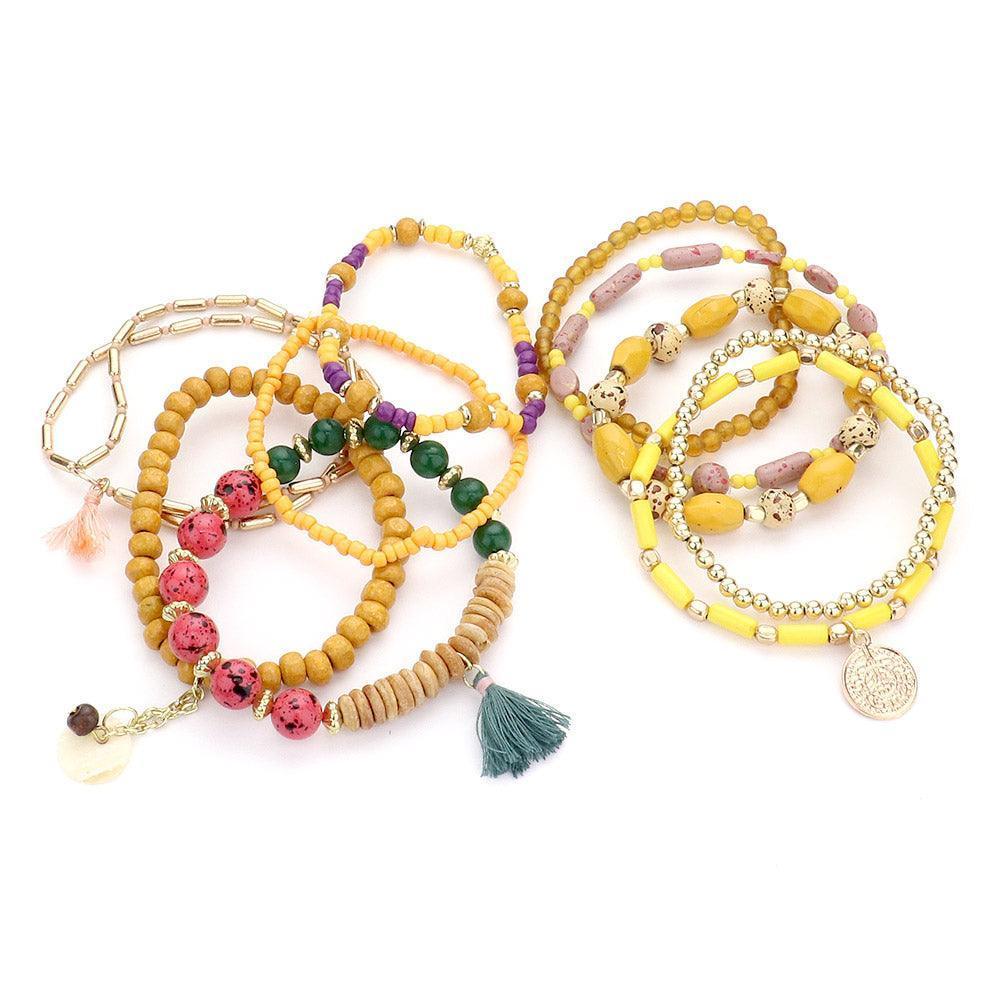 Mustard 10PCS Round Mother of Pearl Metal Coin Tassel Charm Beaded Stretch Bracelets - Jewelry Store by Erik Rayo