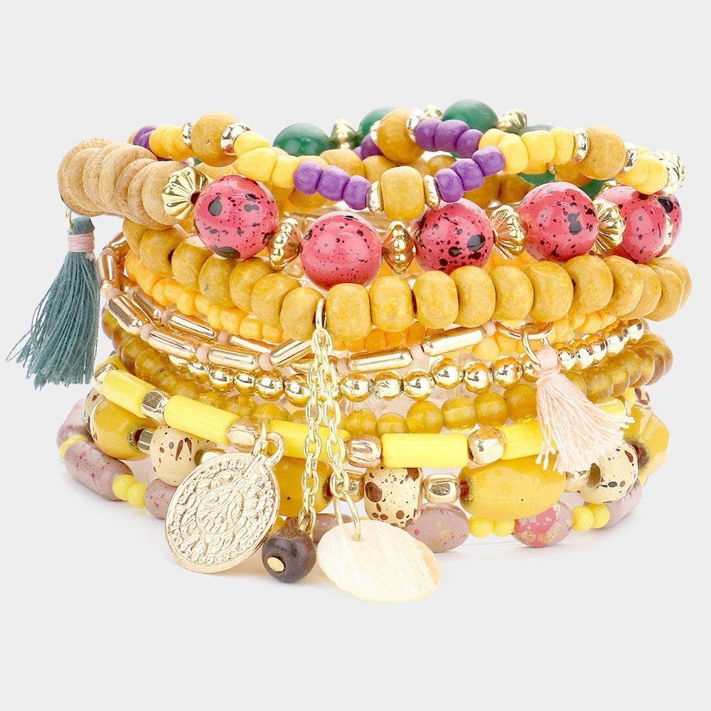 Mustard 10PCS Round Mother of Pearl Metal Coin Tassel Charm Beaded Stretch Bracelets - Jewelry Store by Erik Rayo