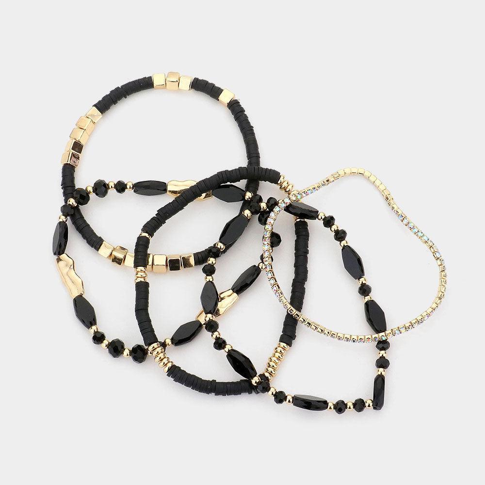 Black 5PCS Glass Beads Heishi Beads Rhinestone Multi Layered Stretch Bracelets - Jewelry Store by Erik Rayo