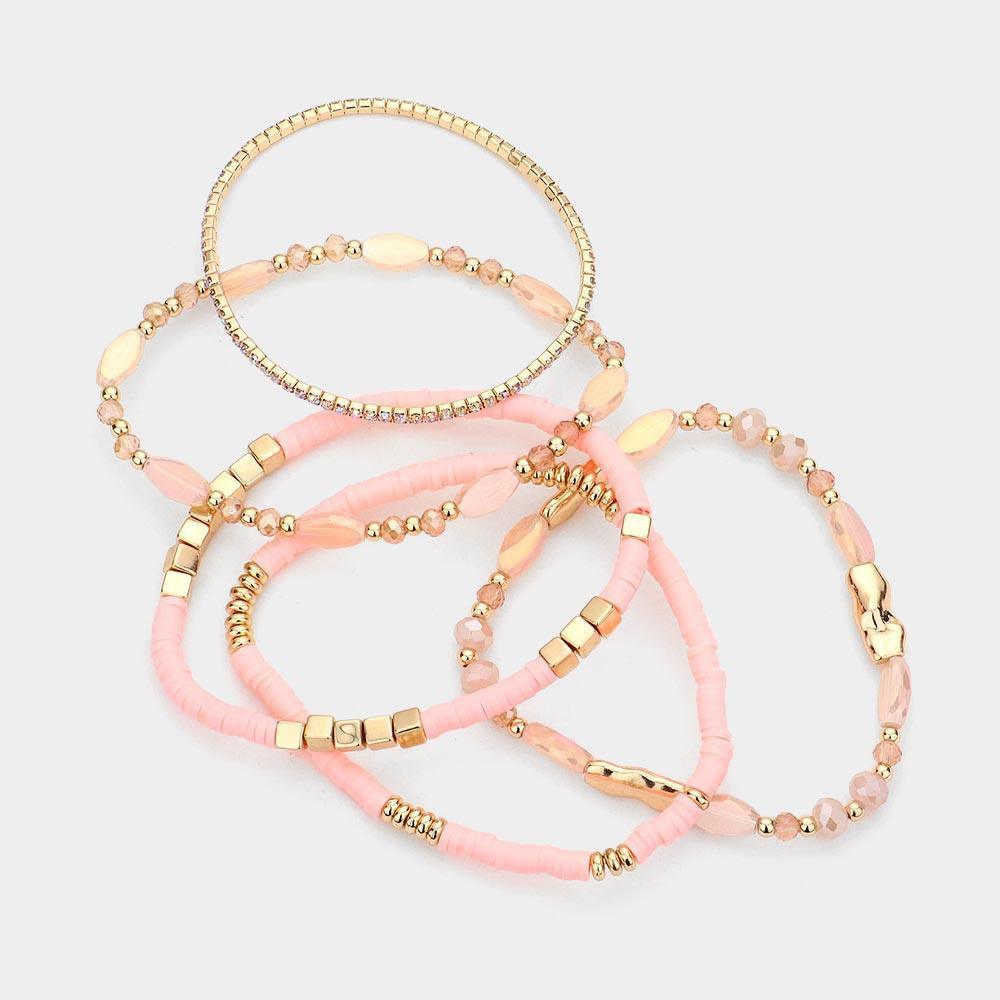 Pink 5PCS - Glass Beads Heishi Beads Rhinestone Multi Layered Stretch Bracelets - Jewelry Store by Erik Rayo