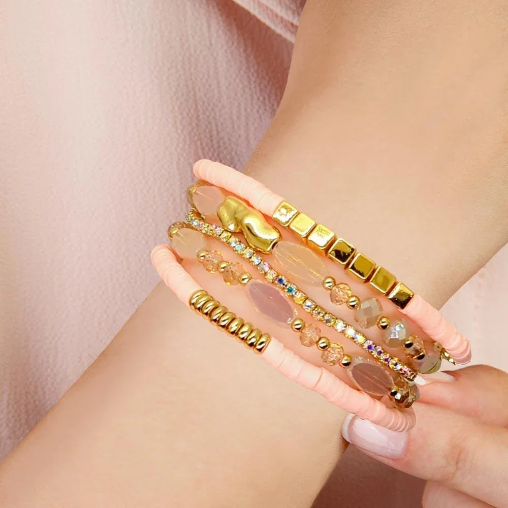 Pink 5PCS - Glass Beads Heishi Beads Rhinestone Multi Layered Stretch Bracelets - Jewelry Store by Erik Rayo