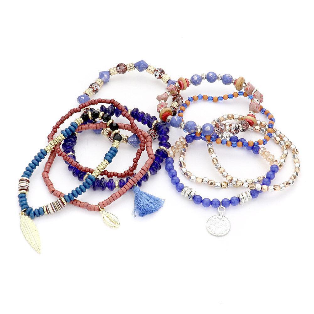 Blue 10PCS - Metal Leaf Puka Shell Tassel Charm Wood Multi Beaded Stretch Bracelets - Jewelry Store by Erik Rayo
