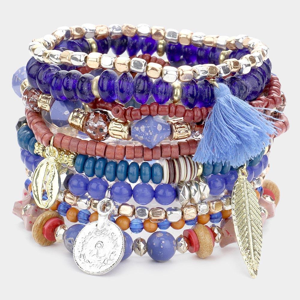 Blue 10PCS - Metal Leaf Puka Shell Tassel Charm Wood Multi Beaded Stretch Bracelets - Jewelry Store by Erik Rayo