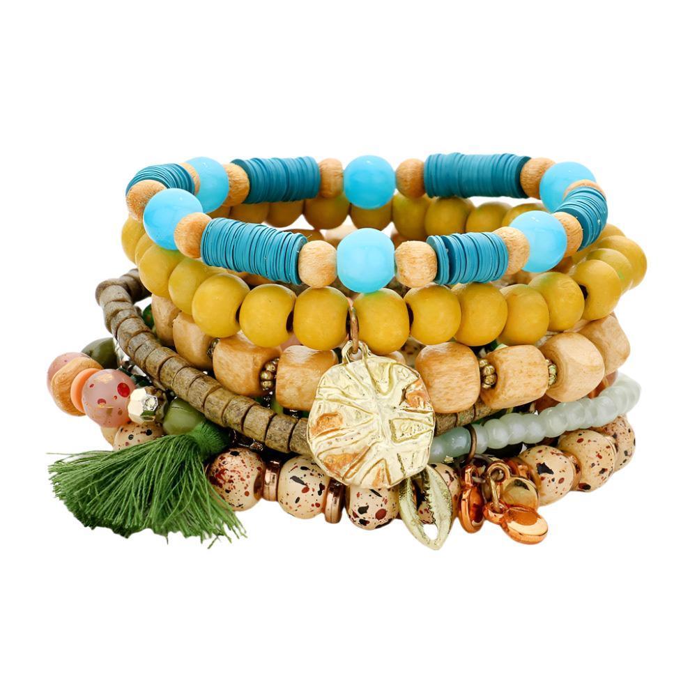 10PCS - Metal Puka Shell Tassel Charm Wood Heishi Beaded Stretch Bracelets - Jewelry Store by Erik Rayo