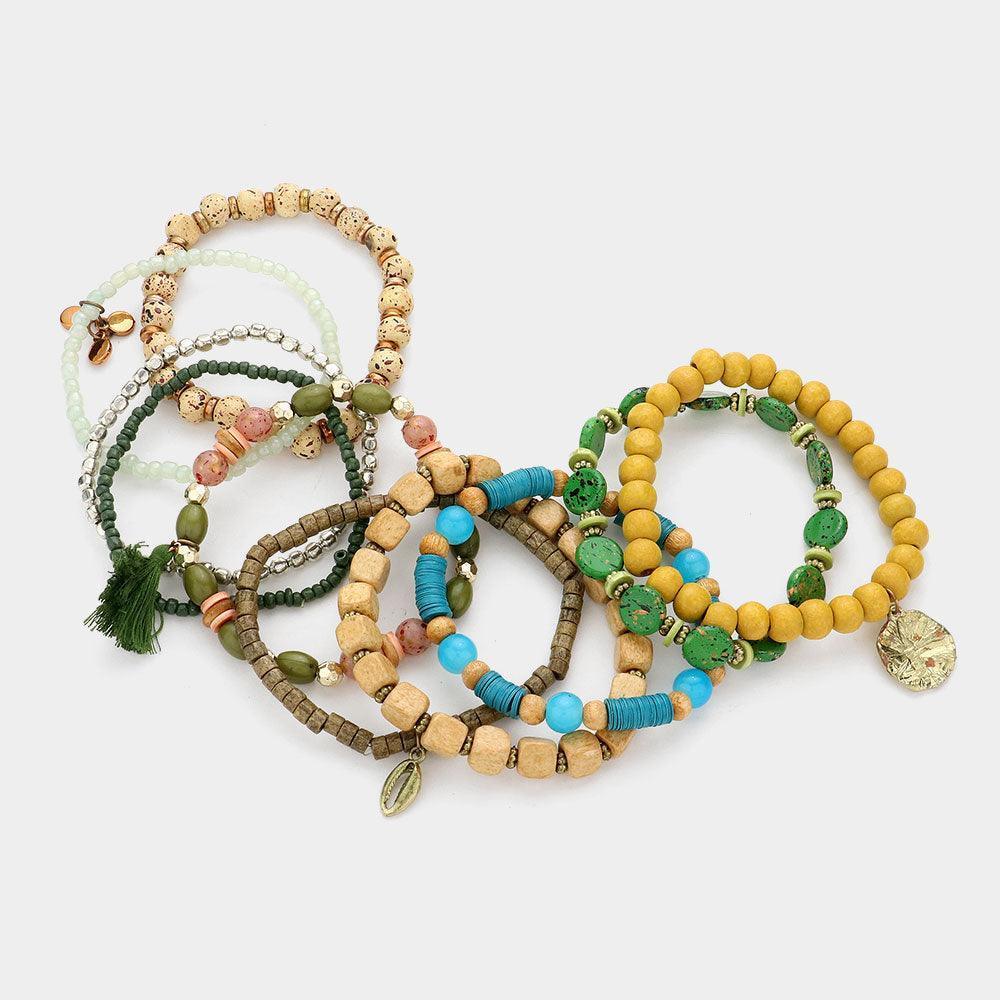 10PCS - Metal Puka Shell Tassel Charm Wood Heishi Beaded Stretch Bracelets - Jewelry Store by Erik Rayo