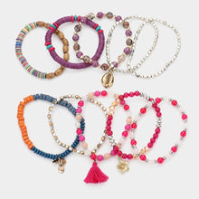 Load image into Gallery viewer, Red 10PCS - Puka Shell Flower Tassel Charm Wood Heishi Beaded Stretch Bracelets
