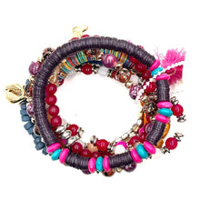 Load image into Gallery viewer, Red 10PCS - Puka Shell Flower Tassel Charm Wood Heishi Beaded Stretch Bracelets
