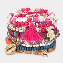Load image into Gallery viewer, Red 10PCS - Puka Shell Flower Tassel Charm Wood Heishi Beaded Stretch Bracelets
