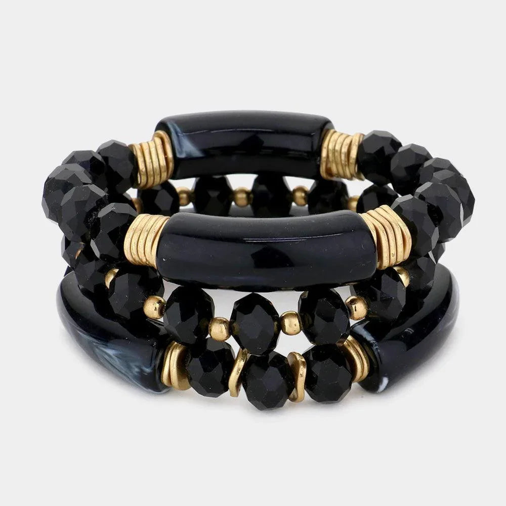 Black 3PCS Faceted Beads Multi Layered Bracelets - Jewelry Store by Erik Rayo