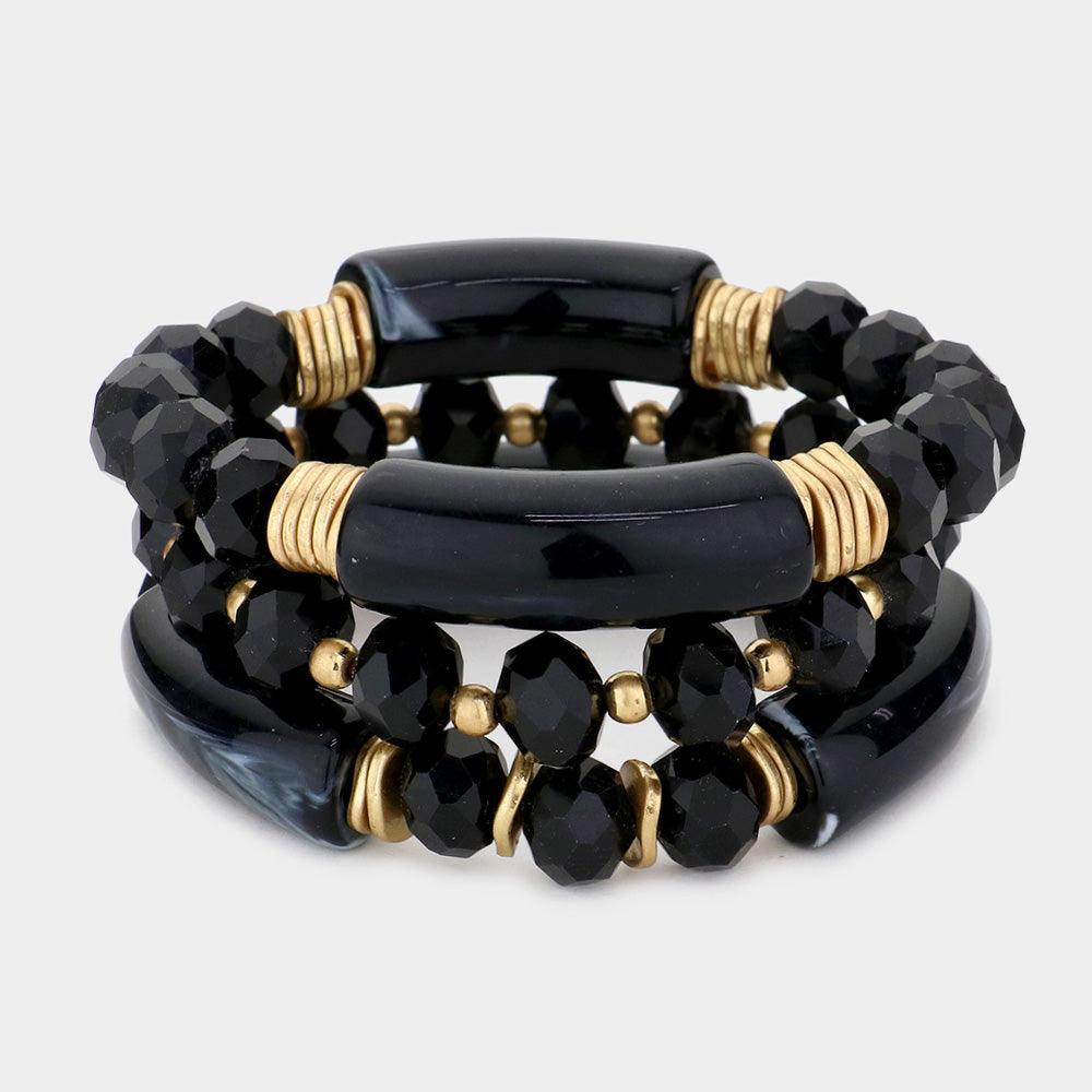 Black 3PCS  Faceted Beads Multi Layered Bracelets