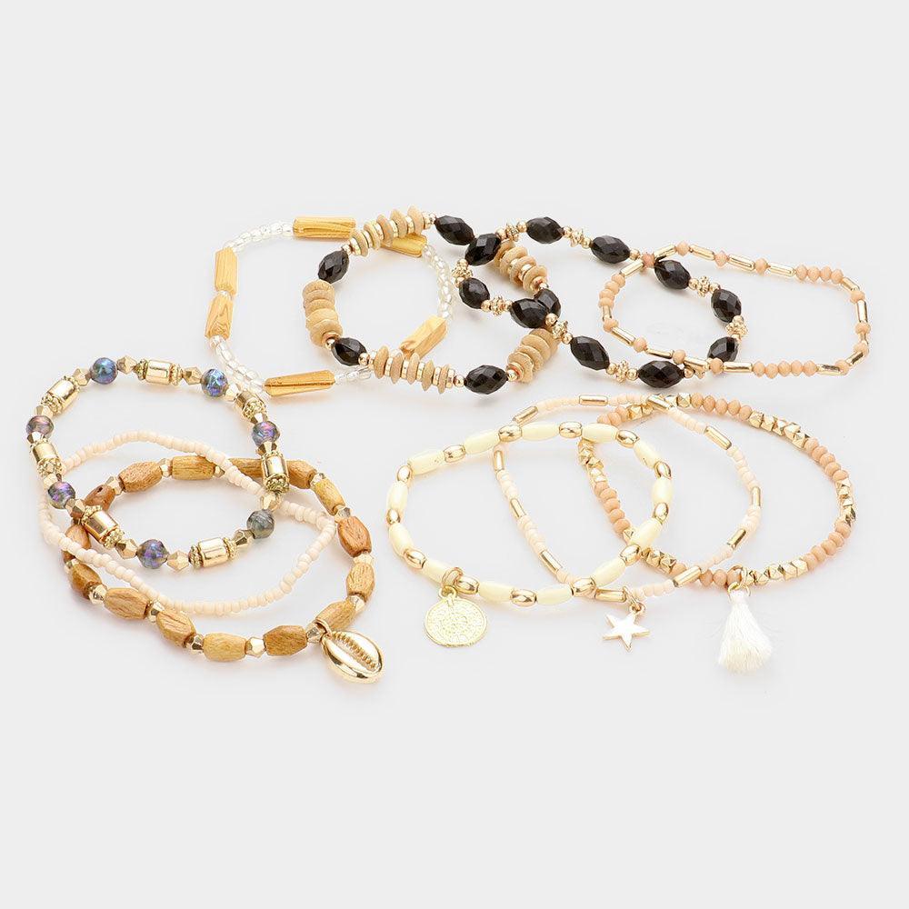 Brown 10PCS - Wood Bead Metal Puka Shell Star Coin Disc Tassel Charm Layered Bracelets - Jewelry Store by Erik Rayo