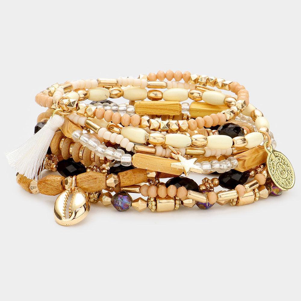 Brown 10PCS - Wood Bead Metal Puka Shell Star Coin Disc Tassel Charm Layered Bracelets - Jewelry Store by Erik Rayo