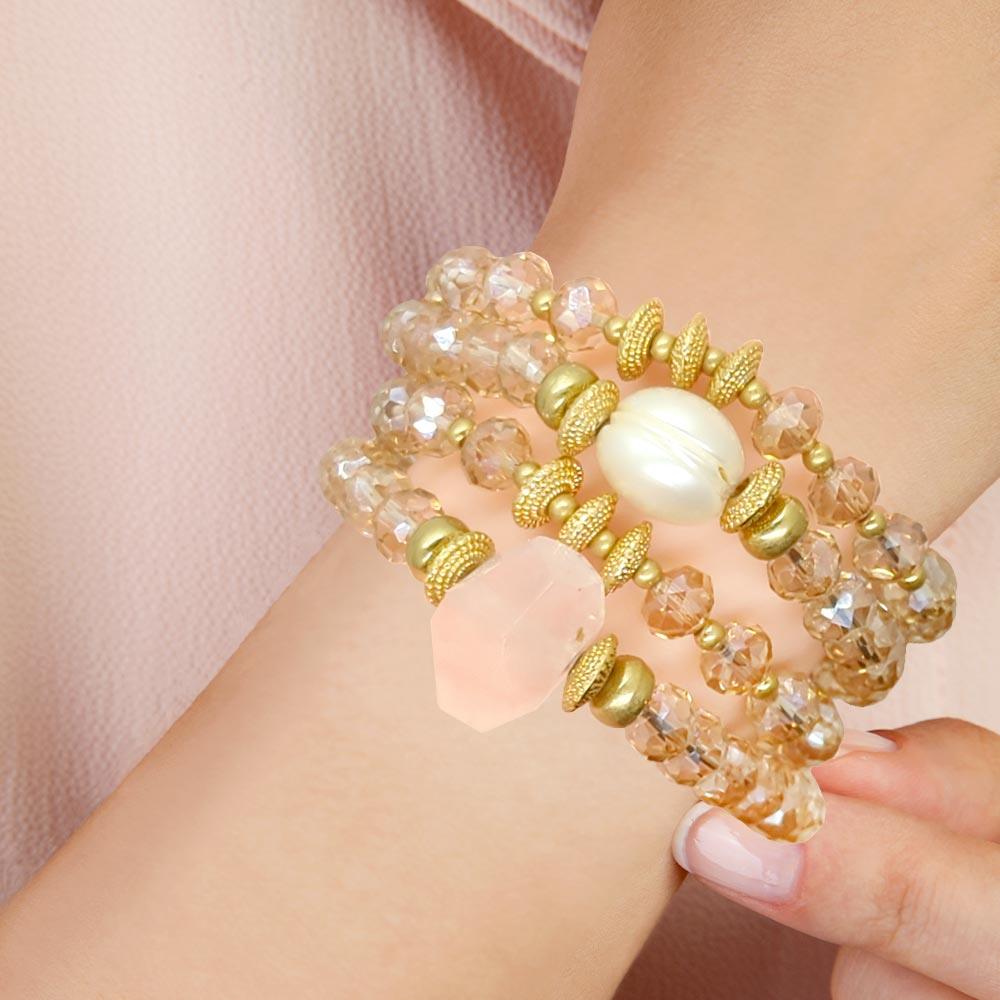 Beige 4PCS - Pearl Accented Faceted Beads Stretch Bracelets