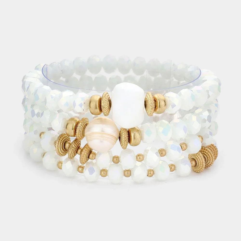 White 4PCS - Pearl Accented Faceted Beads Stretch Bracelets - Jewelry Store by Erik Rayo