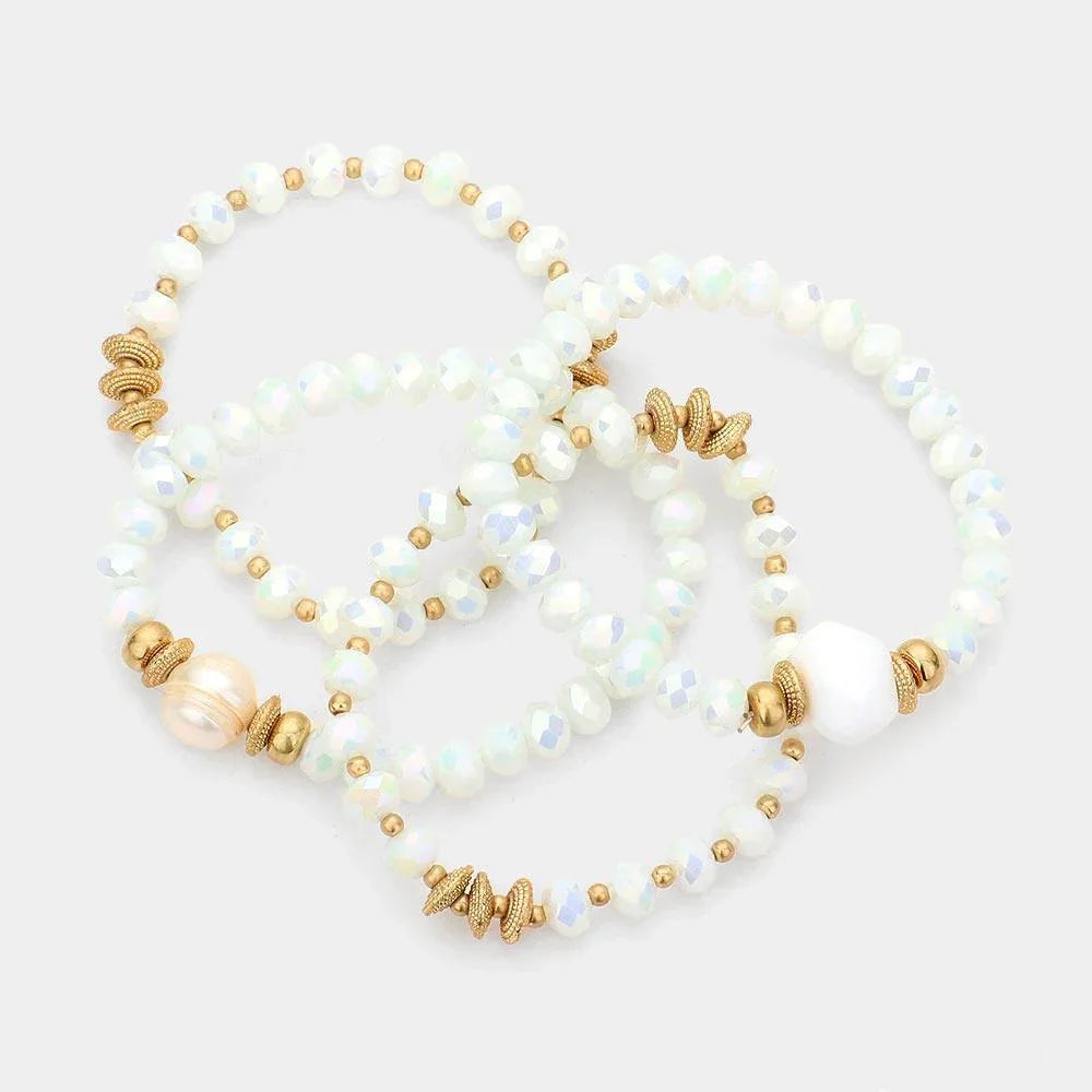White 4PCS - Pearl Accented Faceted Beads Stretch Bracelets - Jewelry Store by Erik Rayo