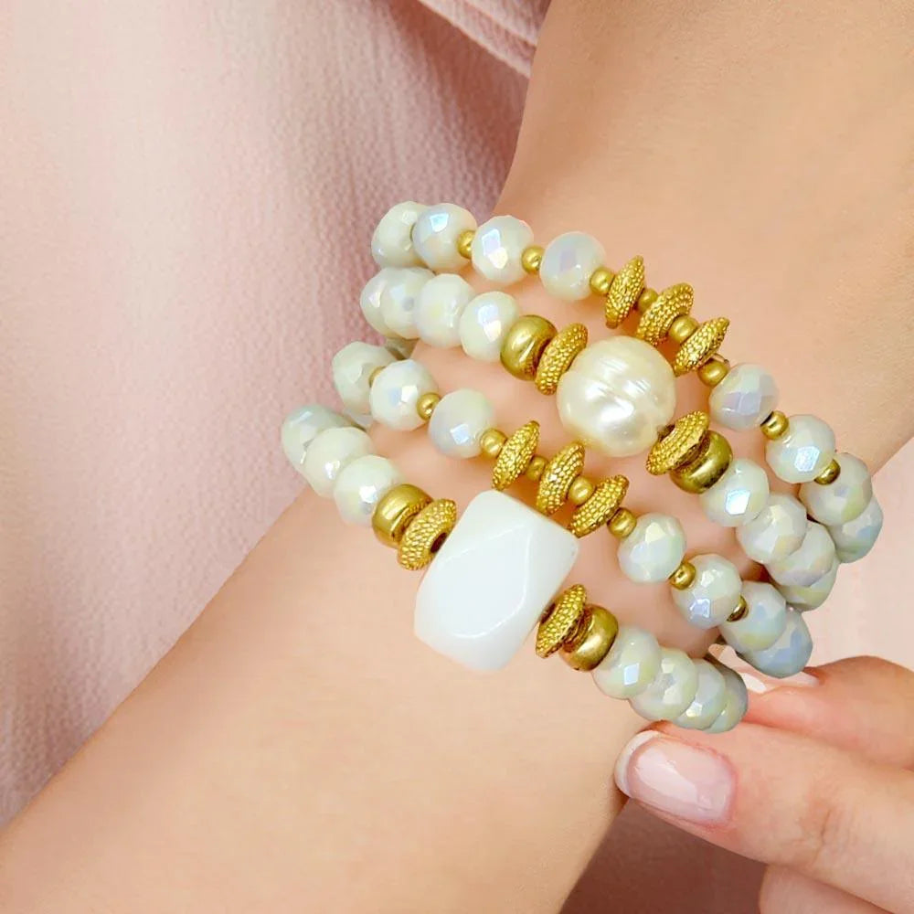 White 4PCS - Pearl Accented Faceted Beads Stretch Bracelets - Jewelry Store by Erik Rayo