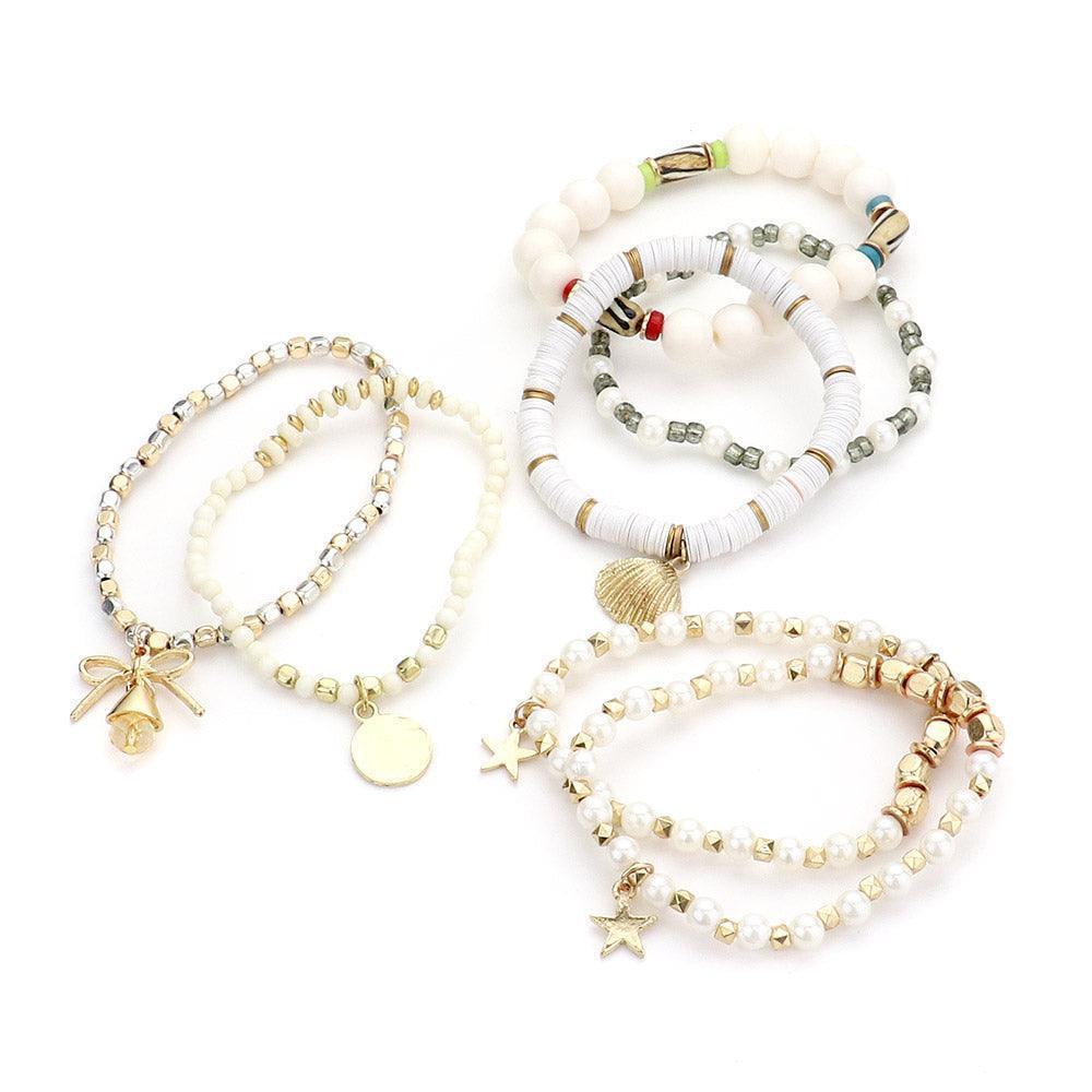 White 7PCS - Metal Shell Star Disc Bow Charm Pearl Heishi Beaded Stretch Bracelets - Jewelry Store by Erik Rayo