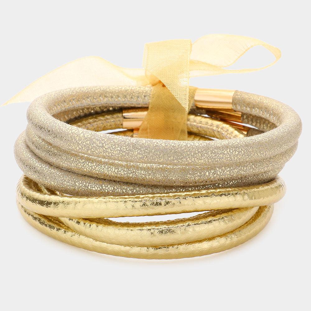 Gold 6PCS  Faux Leather Tube Bangle Bracelets