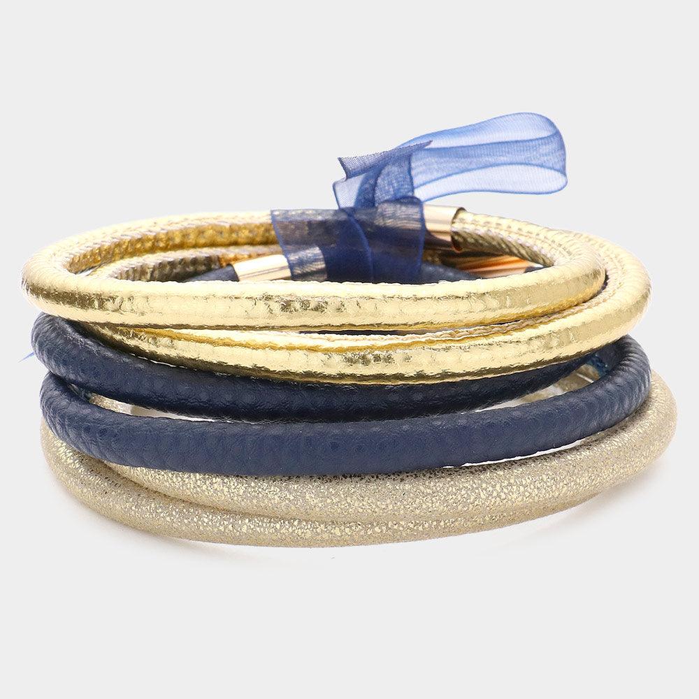 Gold 6PCS  Faux Leather Tube Bangle Bracelets