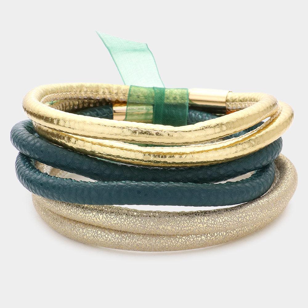 Gold 6PCS  Faux Leather Tube Bangle Bracelets