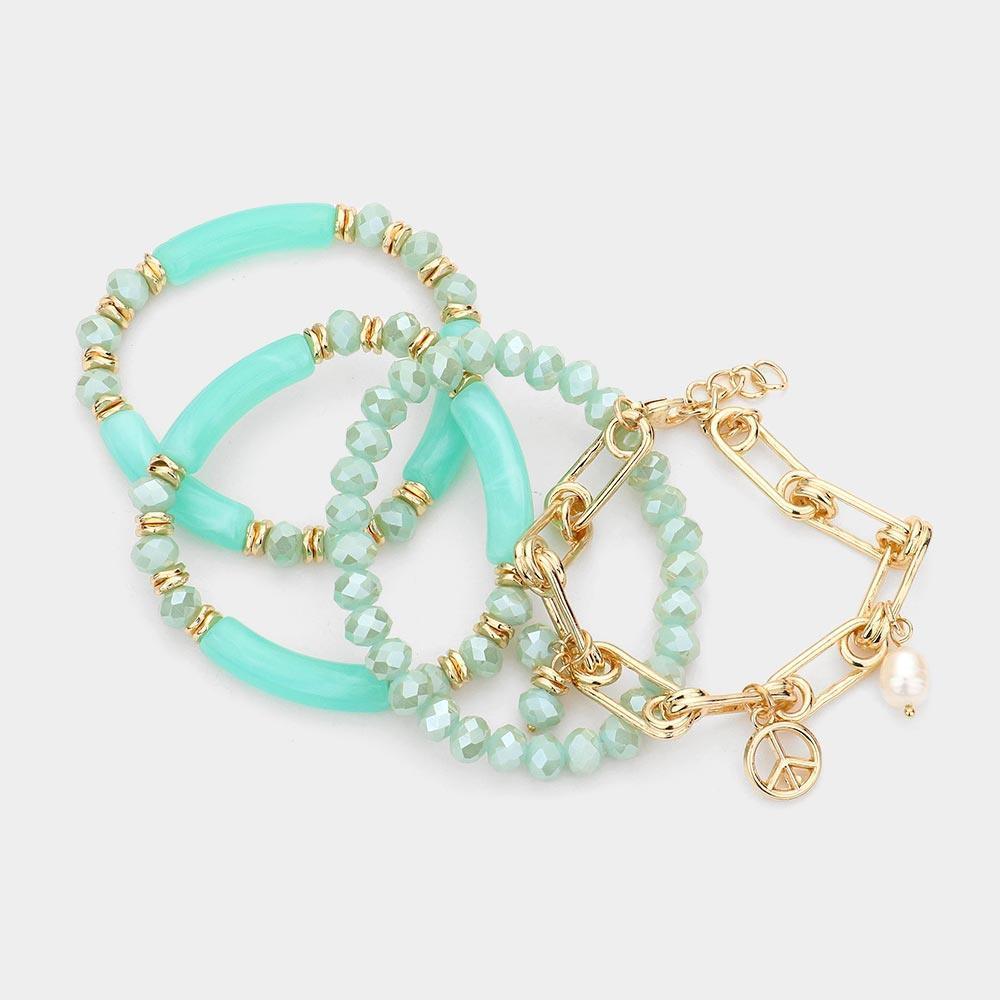 Turquoise 4PCS - Peace Pearl Charm Metal Link Glass Beads Stretch Multi Layered Bracelets - Jewelry Store by Erik Rayo