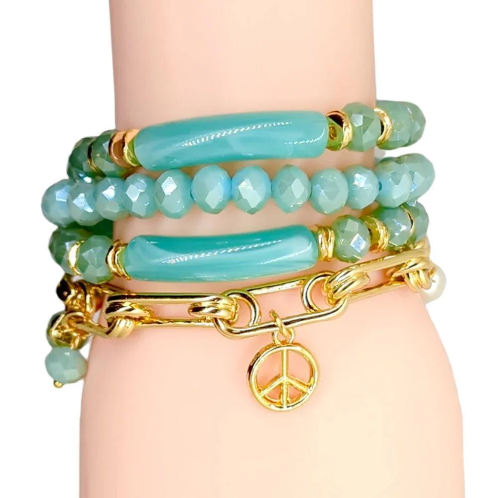 Turquoise 4PCS - Peace Pearl Charm Metal Link Glass Beads Stretch Multi Layered Bracelets - Jewelry Store by Erik Rayo