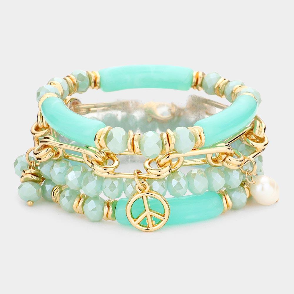 Turquoise 4PCS - Peace Pearl Charm Metal Link Glass Beads Stretch Multi Layered Bracelets