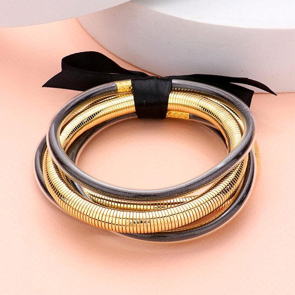 Black 5PCS Glitter Jelly Tube Metal Elastic Layered Bracelets - Jewelry Store by Erik Rayo