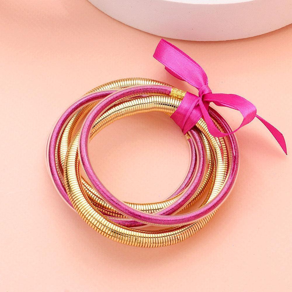 Fuchsia 5PCS - Glitter Jelly Tube Metal Elastic Layered Bracelets - Jewelry Store by Erik Rayo
