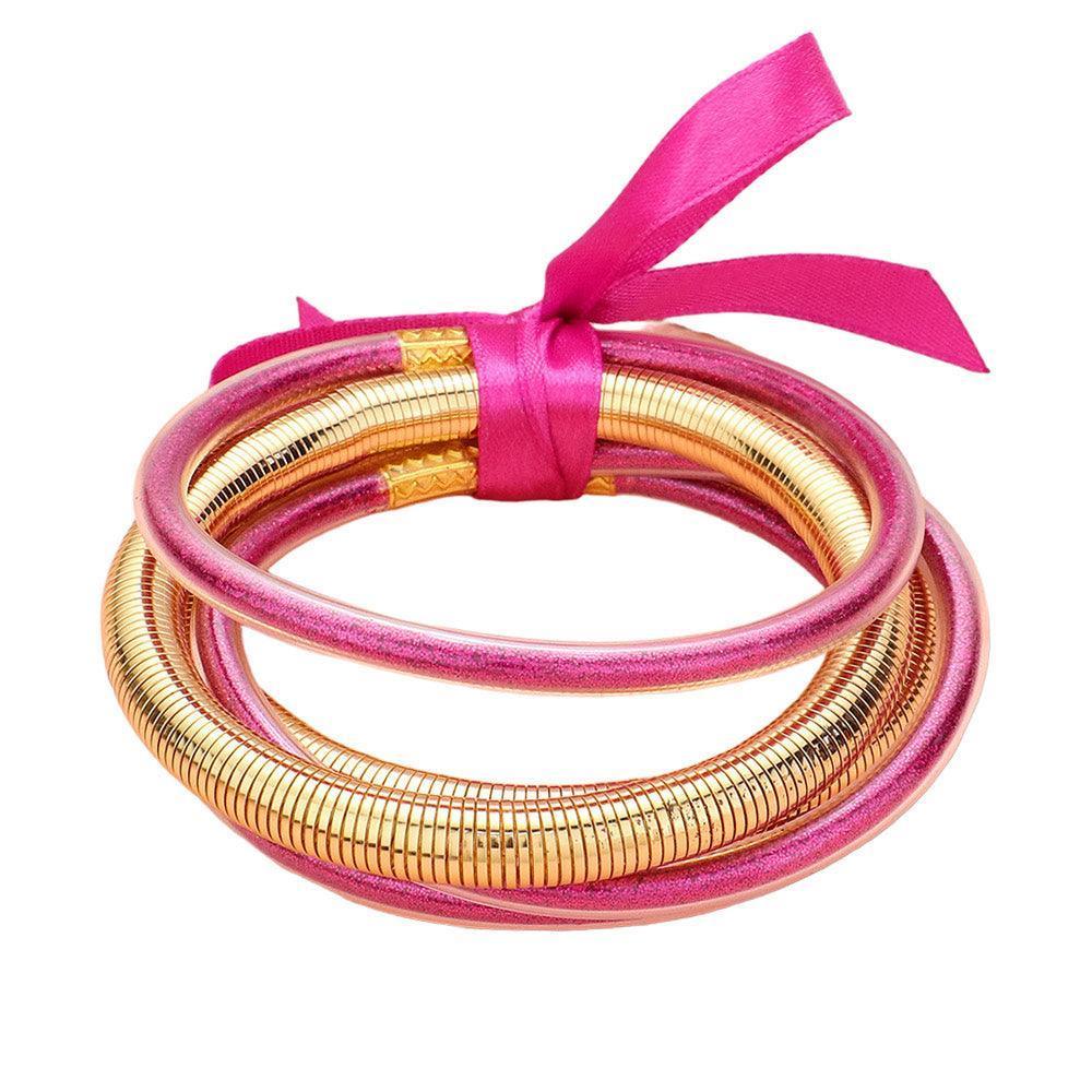 Fuchsia 5PCS - Glitter Jelly Tube Metal Elastic Layered Bracelets - Jewelry Store by Erik Rayo