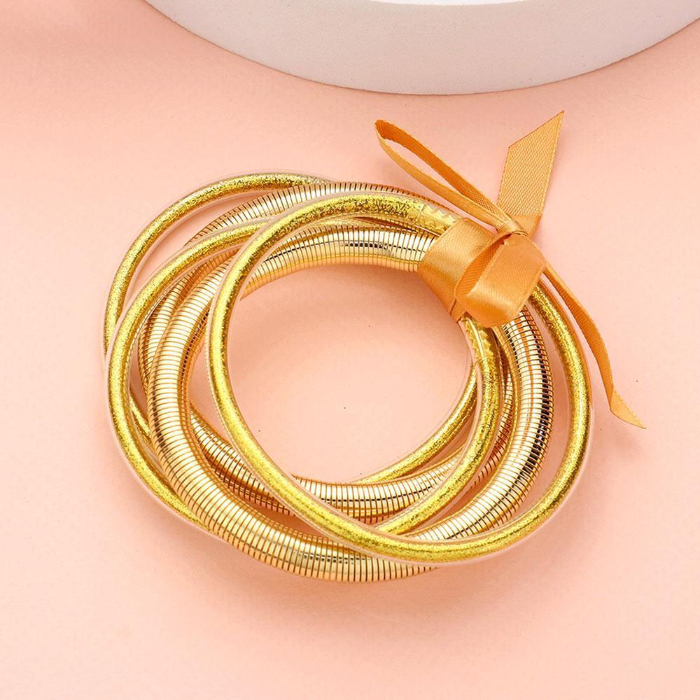 Gold 5PCS Glitter Jelly Tube Metal Elastic Layered Bracelets - Jewelry Store by Erik Rayo