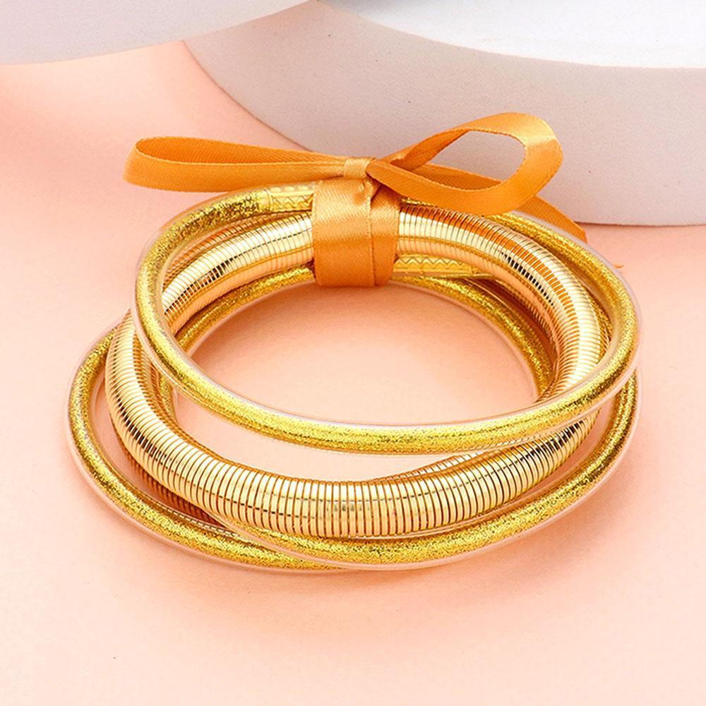 Gold 5PCS Glitter Jelly Tube Metal Elastic Layered Bracelets - Jewelry Store by Erik Rayo