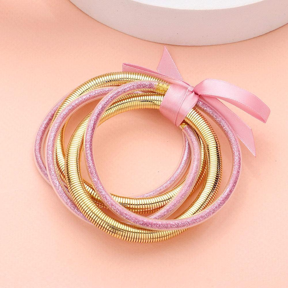 Pink 5PCS - Glitter Jelly Tube Metal Elastic Layered Bracelets - Jewelry Store by Erik Rayo
