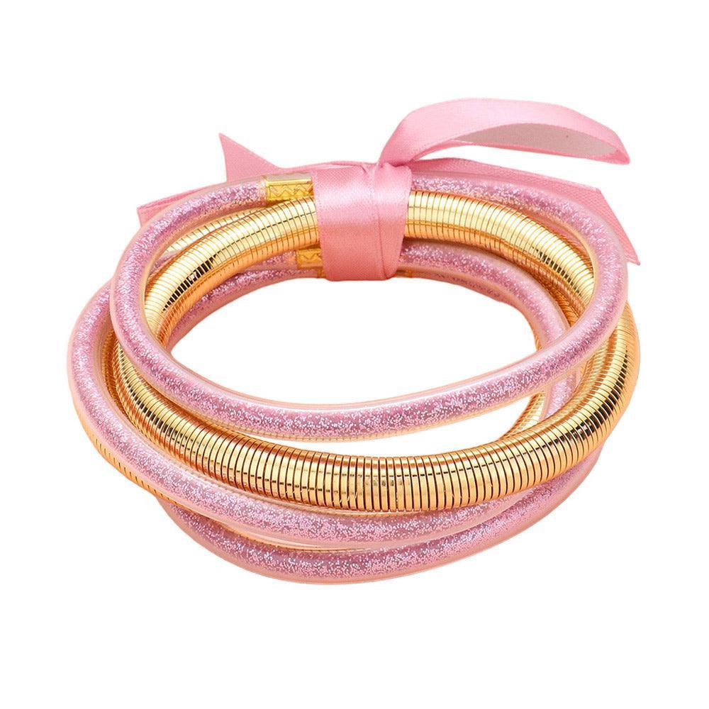 Pink 5PCS - Glitter Jelly Tube Metal Elastic Layered Bracelets - Jewelry Store by Erik Rayo