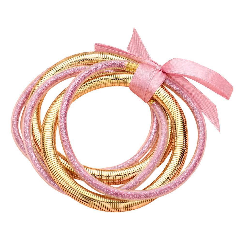 Pink 5PCS - Glitter Jelly Tube Metal Elastic Layered Bracelets - Jewelry Store by Erik Rayo