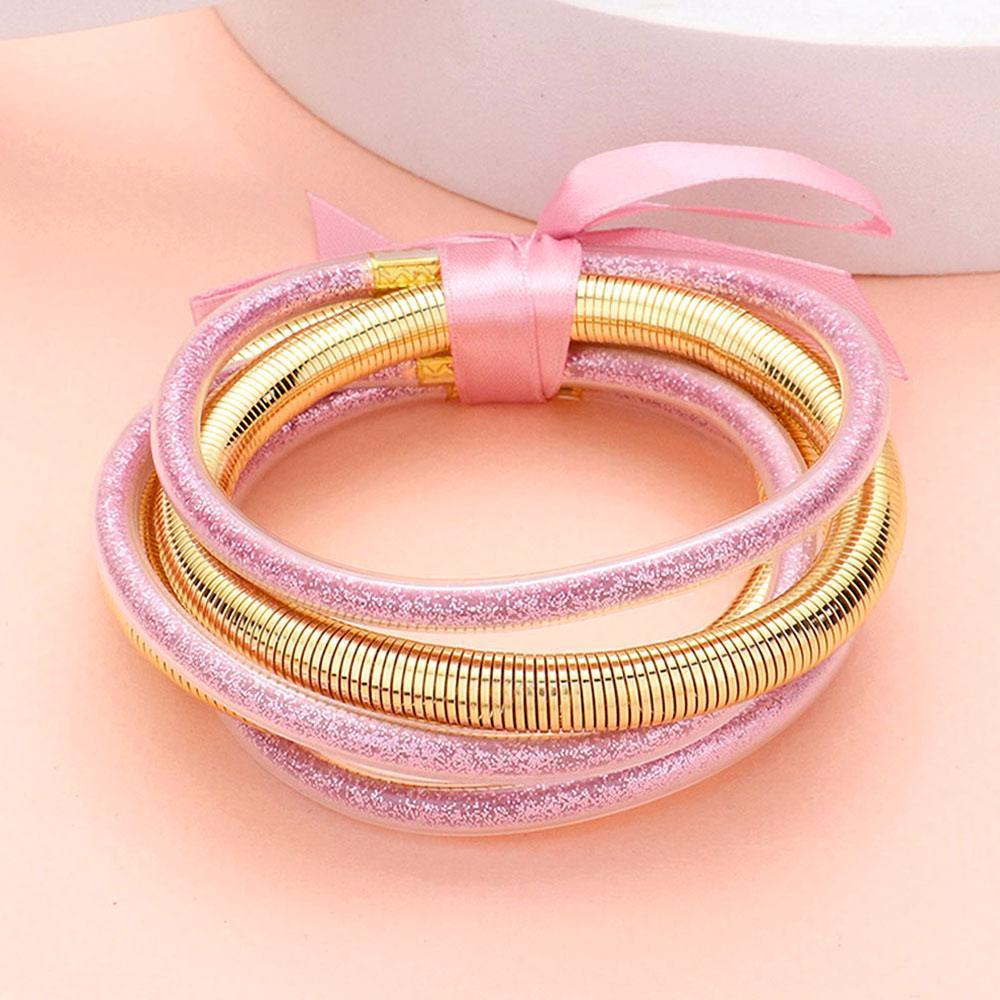Pink 5PCS - Glitter Jelly Tube Metal Elastic Layered Bracelets - Jewelry Store by Erik Rayo