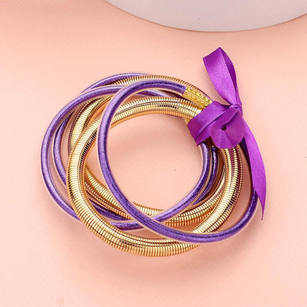 Purple 5PCS - Glitter Jelly Tube Metal Elastic Layered Bracelets - Jewelry Store by Erik Rayo