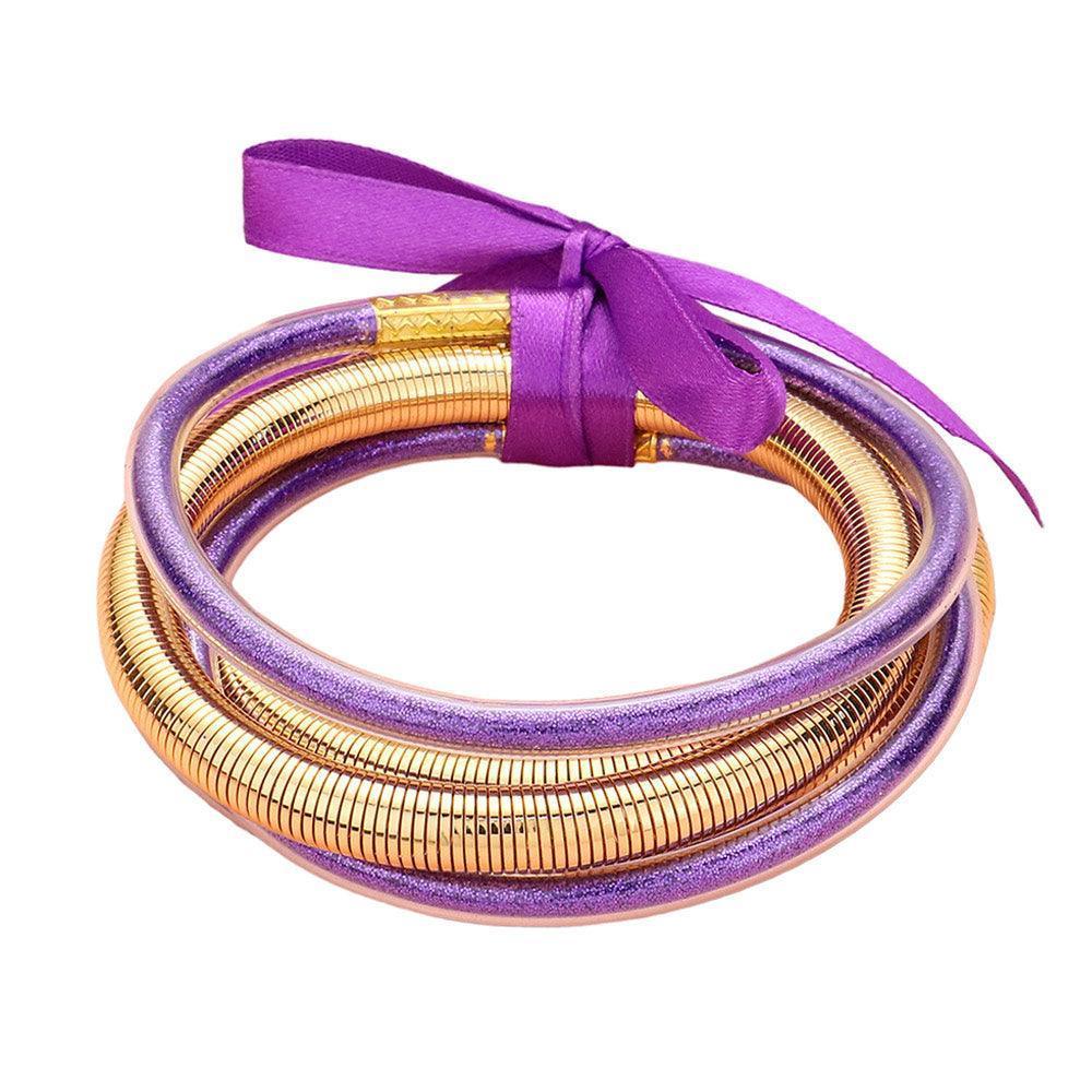 Purple 5PCS - Glitter Jelly Tube Metal Elastic Layered Bracelets - Jewelry Store by Erik Rayo