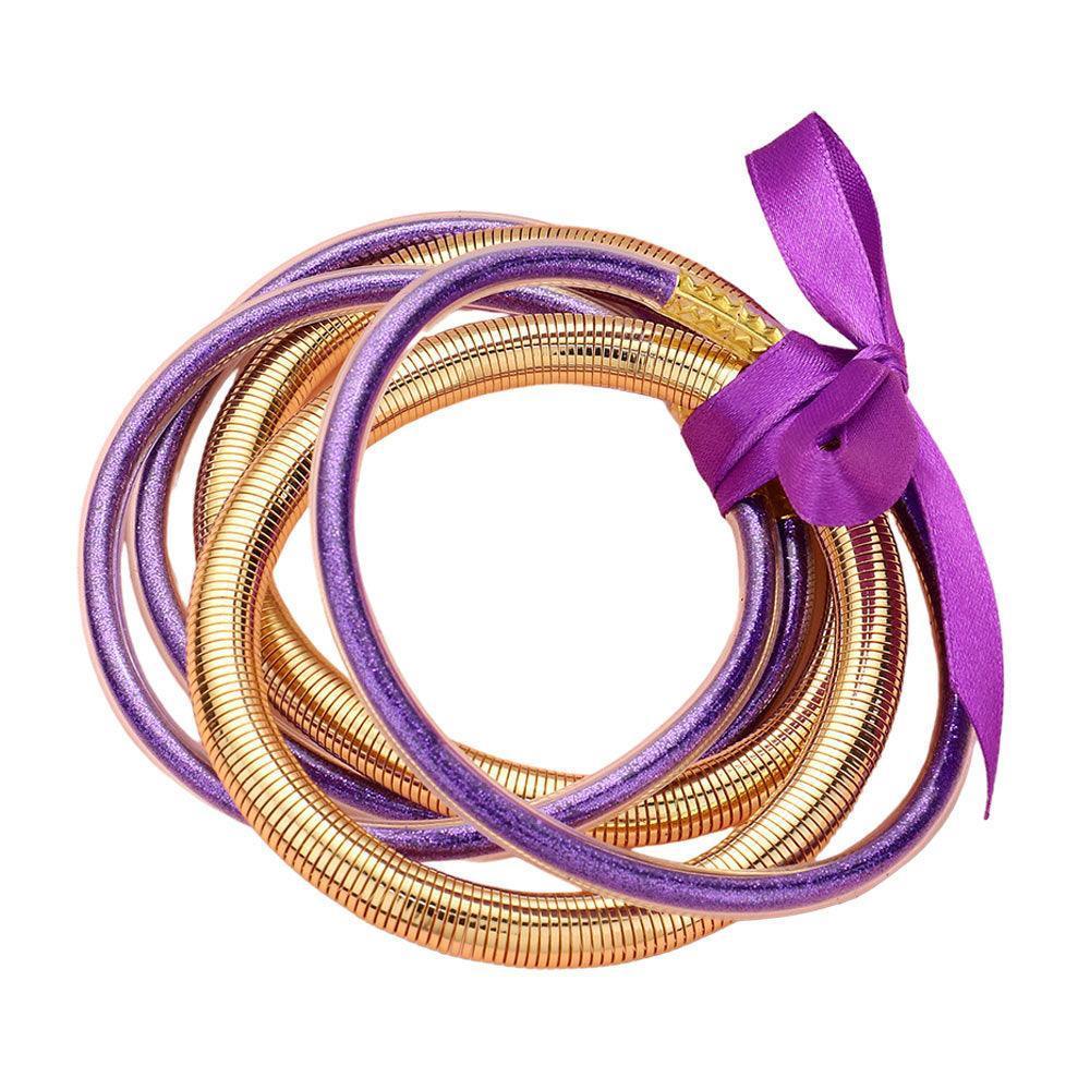 Purple 5PCS - Glitter Jelly Tube Metal Elastic Layered Bracelets - Jewelry Store by Erik Rayo