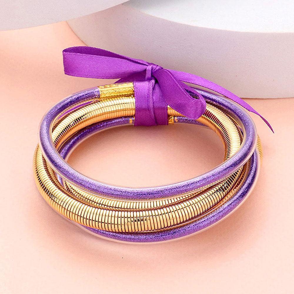 Purple 5PCS - Glitter Jelly Tube Metal Elastic Layered Bracelets - Jewelry Store by Erik Rayo