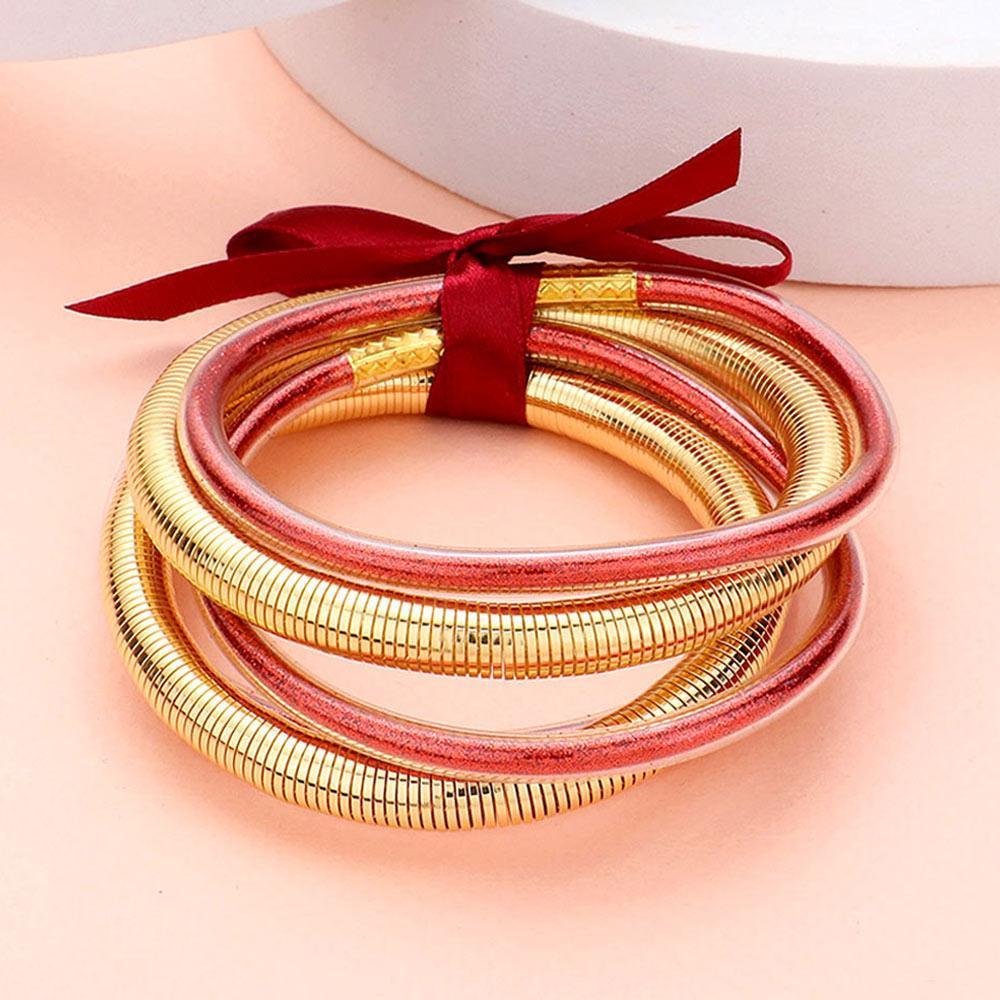 Red 5PCS - Glitter Jelly Tube Metal Elastic Layered Bracelets - Jewelry Store by Erik Rayo