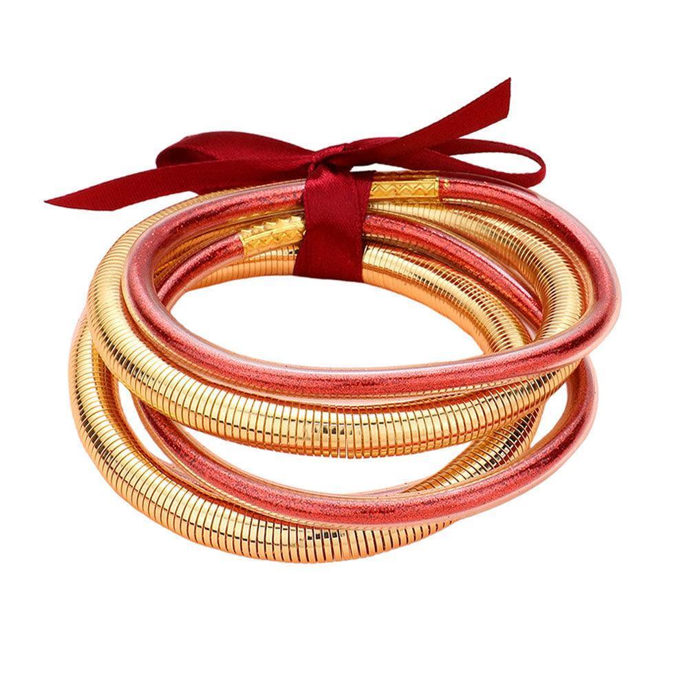 Red 5PCS - Glitter Jelly Tube Metal Elastic Layered Bracelets - Jewelry Store by Erik Rayo