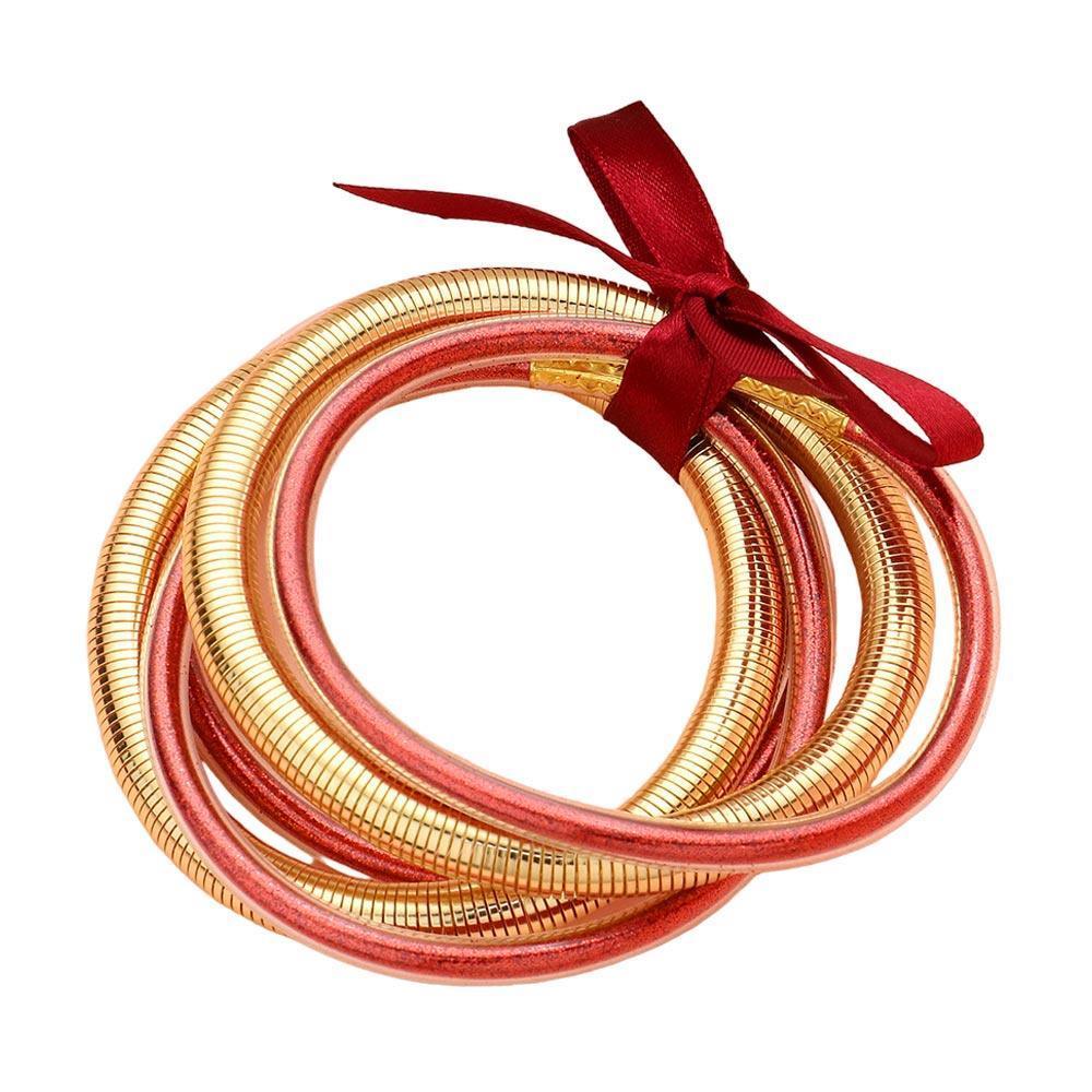 Red 5PCS - Glitter Jelly Tube Metal Elastic Layered Bracelets - Jewelry Store by Erik Rayo