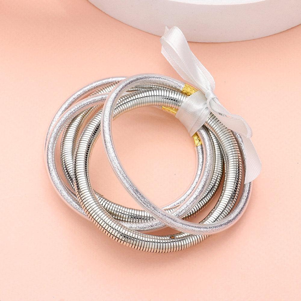 Silver 5PCS Glitter Jelly Tube Metal Elastic Layered Bracelets - Jewelry Store by Erik Rayo